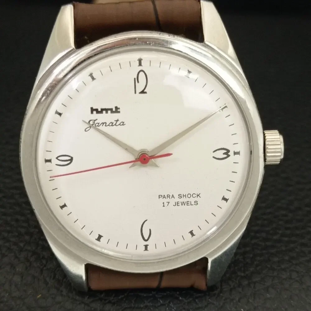 Vintage 1986 HMT Manual Wound Mens Silver Watch & White accents